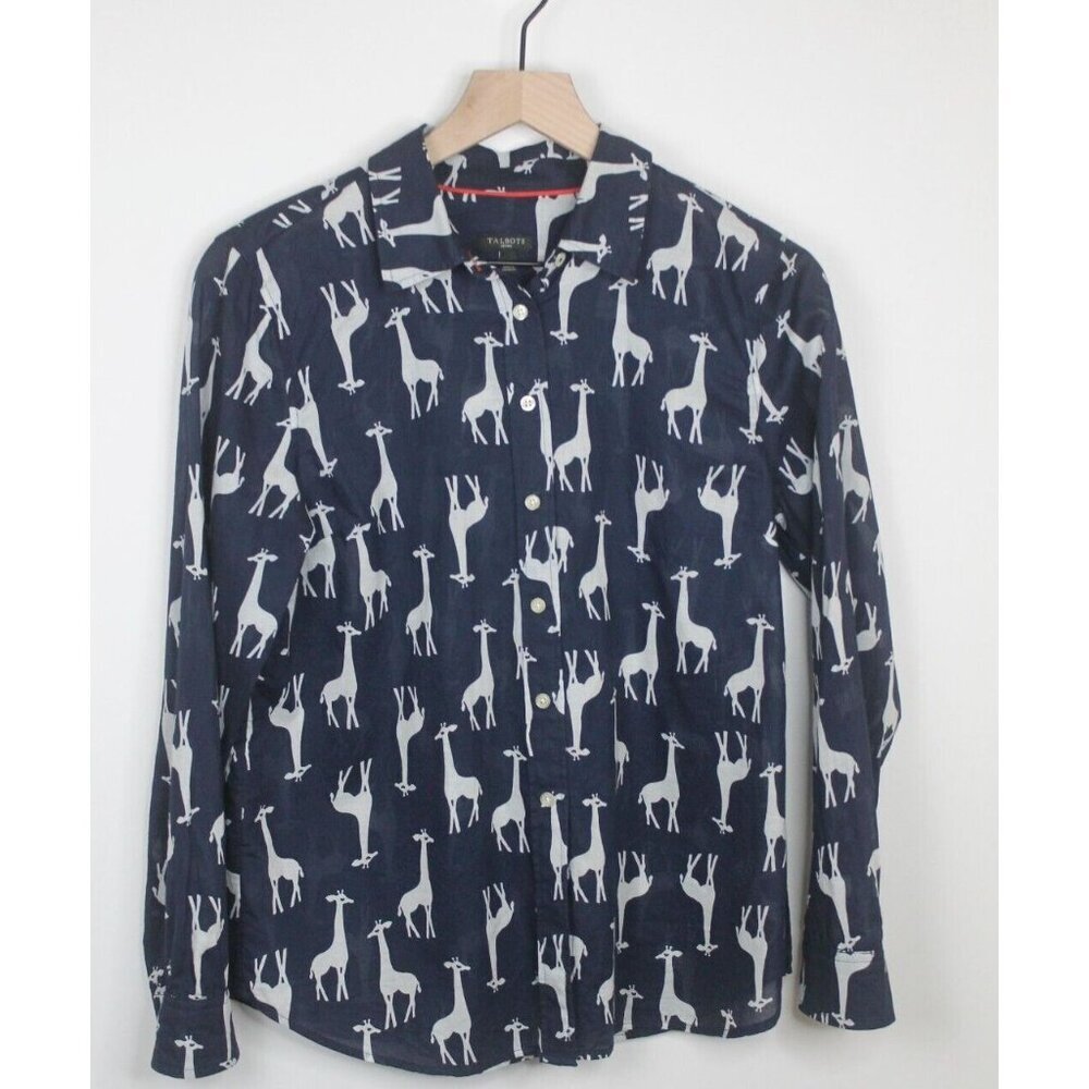 Talbots Petites Navy Blue Giraffe Novelty Button Up Blouse Size Large Petite
